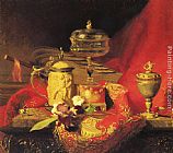 A Still Life With Iris And Urns On A Red Tapestry by Blaise Alexandre Desgoffe